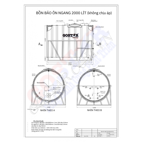 Bồn Bảo Ôn Công Nghiệp 2000L Ngang